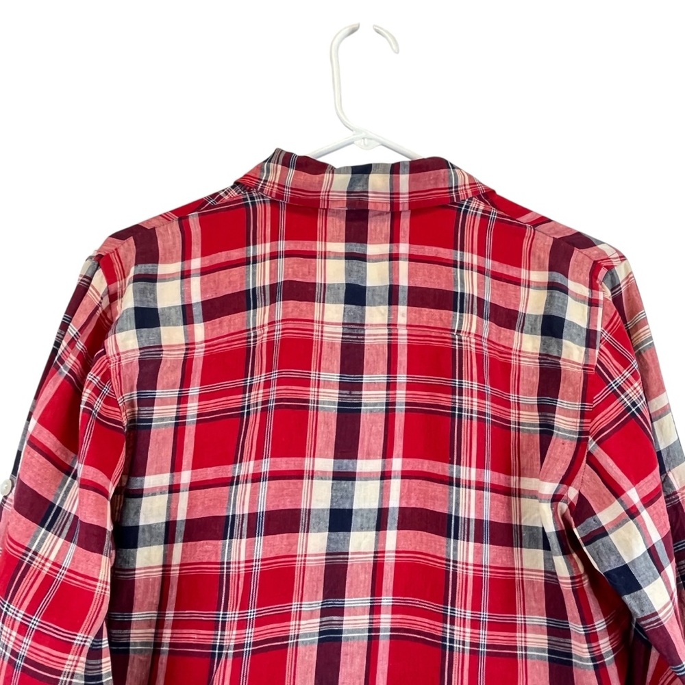 VTG Lauren Ralph Lauren 100% Linen Plaid Button Up Shirt Navy Red Off-White S/M - Picture 5 of 14